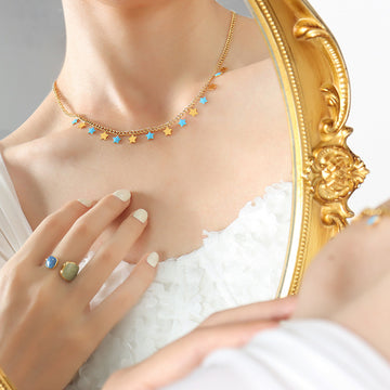 Gold Curb Star Charm Necklace Blue Green Pink Enamel