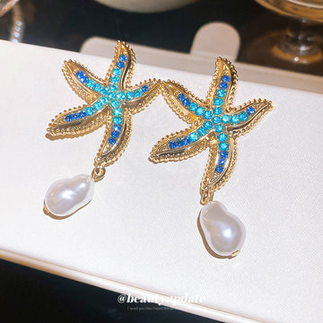 Blue Starfish and White Pearl Drop Earrings with Metal Settings