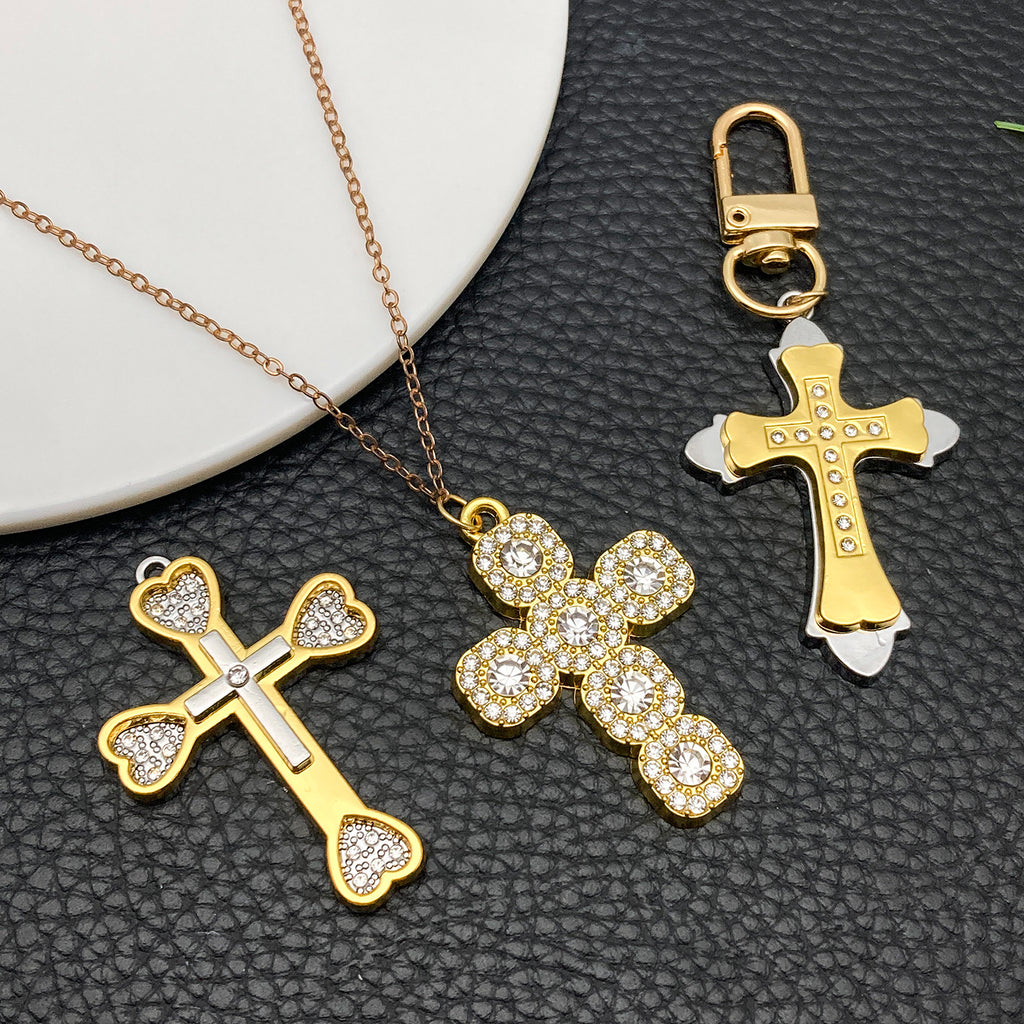 Gold Tone Zinc Alloy Cross Charm Pendant with Rhinestone Detail for DIY Necklace Jewelry