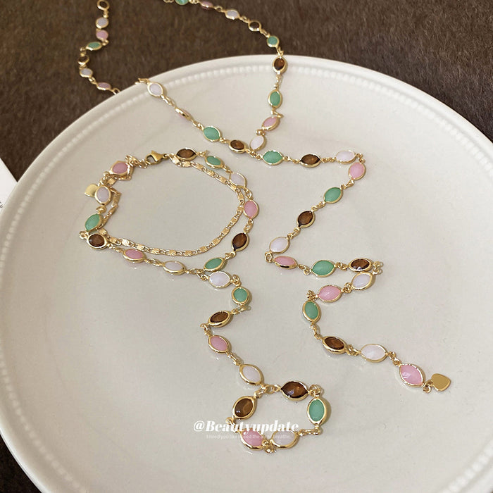 Gold Multicolor Resin Oval Y Necklace And Hand Bracelet