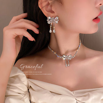 Silver Tone Crystal Bow Drop Earrings Or Matching Necklace