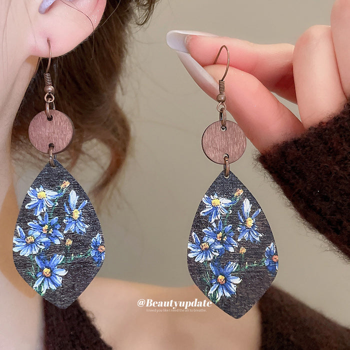 Wooden Blue Daisy Print Teardrop Dangle Hook Earrings