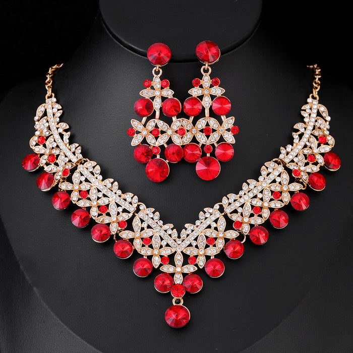 Black Silver Tone Red Crystal Garland Crystal Seven Designs Metal Necklace and Earring Set