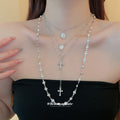 Silver Multi Layer Pearl Cross Medal Necklace Four Piece Set view 3