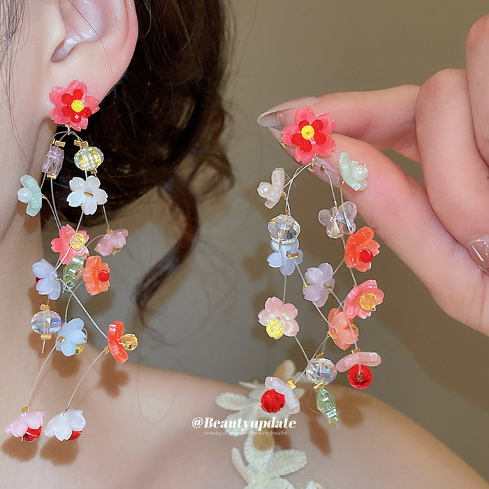 Colorful Floral Branch Dangle Earrings With Bead Accents