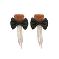 Black Bow Bear Stud Earrings With Chain Tassel Drops view 5
