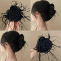 Black Rolled Fabric Rose Hair Claw With Loose Feather Fringe view 1