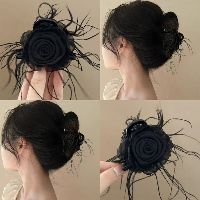 Black Rolled Fabric Rose Hair Claw With Loose Feather Fringe