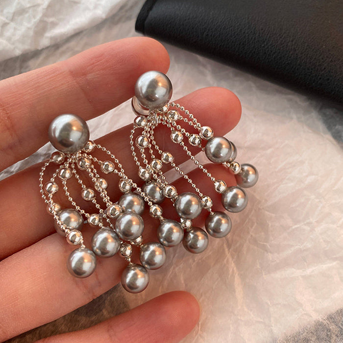 Silver Gray Pearl Cascade Stud Earrings Statement Jewelry