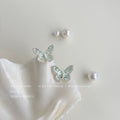 Silver Tone Pale Green Translucent Butterfly Stud Earrings view 1