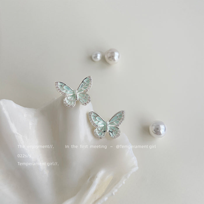 Silver Tone Pale Green Translucent Butterfly Stud Earrings