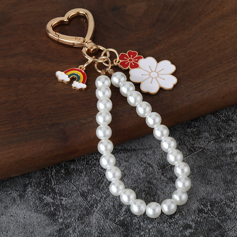 Two Tone Flower Rhinestone Keychain with Pearl Letter Bag Charm Pendant