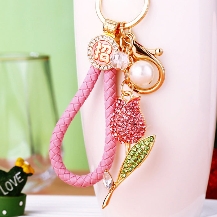 Pearl Rose Keychains in Five Colors with Braided and Plain Loop Options