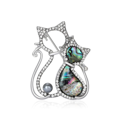 Front view of Crystal Double Cat brooch