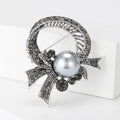 Silver Tone Rhinestone Bow Brooch Grey Pearl Ribbon Pin view 4