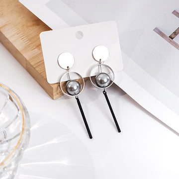 Silver Geometric Disc Pearl Circle Black Bar Drop Earrings