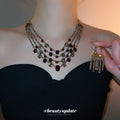 Gold Amber Multi Layer Bib Necklace Tassel Earring Set view 1