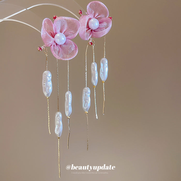 Pink Floral Pearl Chain Tassel Stud Earrings Fashion Jewelry