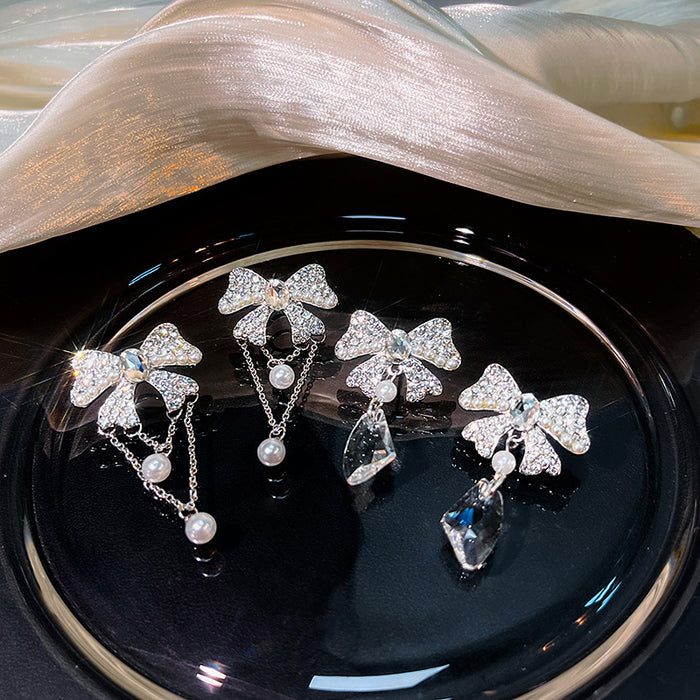 Silver Bow Chain Ear Clips and Teardrop Stud Earrings