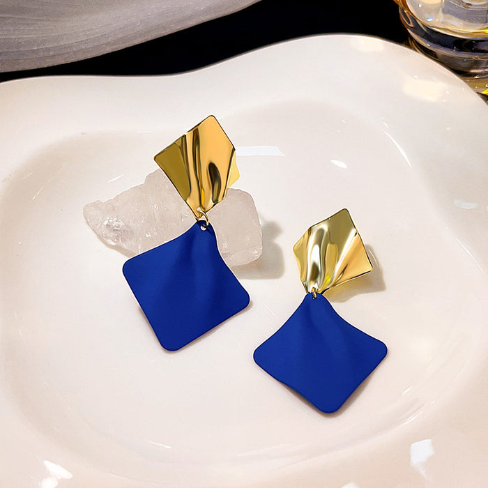 Cobalt Blue Diamond Gold Tone Geometric Dangle Stud Earrings