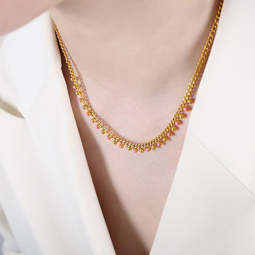 Gold Curb Chain Fringe Necklace Colored Enamel Bead Drops