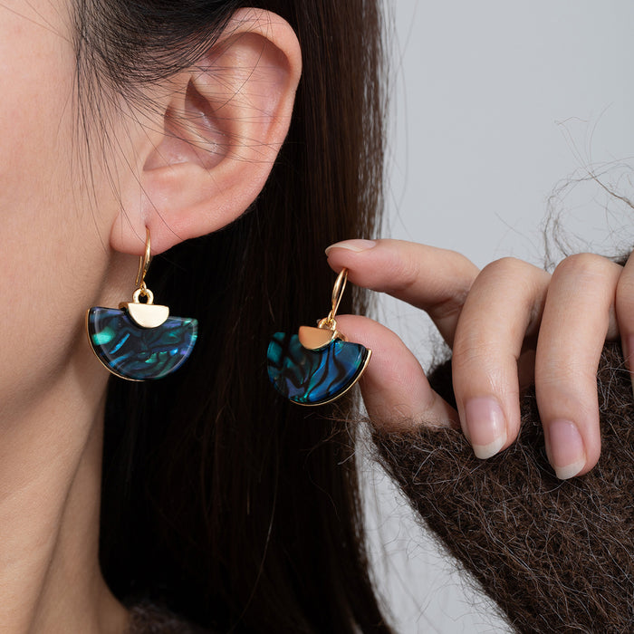 Blue Green Abalone Look Semicircle Gold Hook Earrings