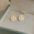 Gold Square Pastel Enamel Cross Crystal Stud Earrings view 1