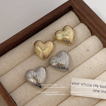 Brushed Texture Heart Stud Earrings Silver Gold Pair