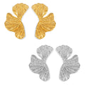 Textured Ginkgo Leaf Stud Earrings Gold and Steel Finish view 5