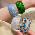 Acrylic Open Cuff Bangles Blue Green White Eye Print view 1