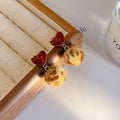 Red Heart Leopard Pattern Fuzzy Ball Dangle Stud Earrings view 3