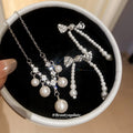 Silver Crystal Pearl V Necklace Bow Pearl Drop Earrings view 4