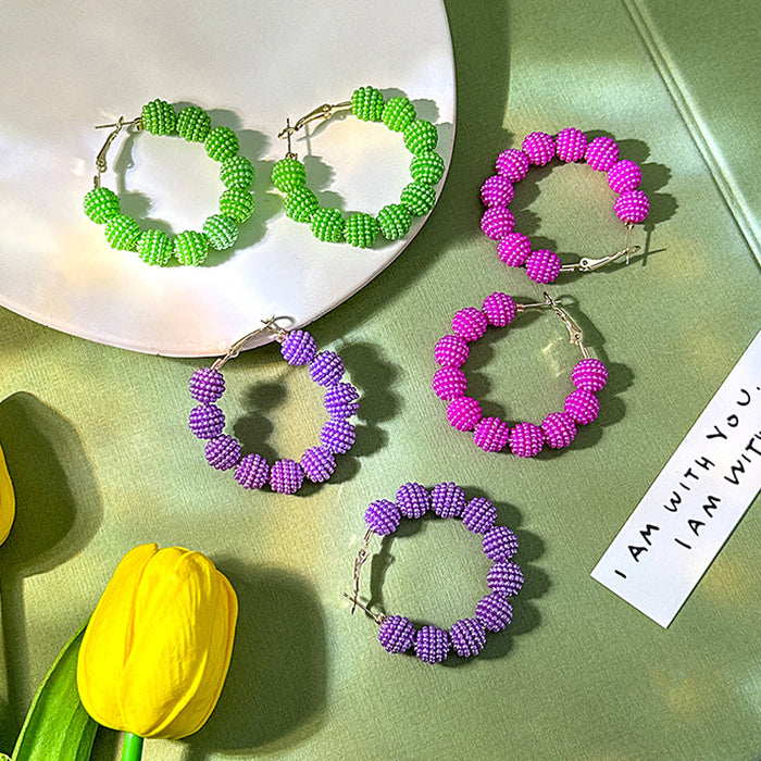Fuchsia and Purple Wrapped Bead Round Hoop Earrings