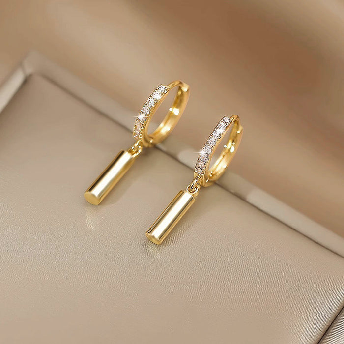 Slim Bar Drop Small Hoop Earrings In Polished Gold Tone