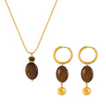 Gold Titanium Steel Tigers Eye Oval Pendant Necklace Earring Set view 5