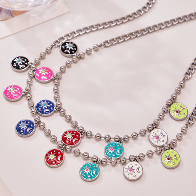Silver ball and curb chains with colorful enamel sun moon disc charms