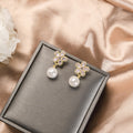 Pink Crystal Flower Pearl Drop Stud Earrings Gold Tone Settings view 6