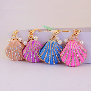 Scallop Shell Keychain With Clear Stones And Pearl-Look Beads