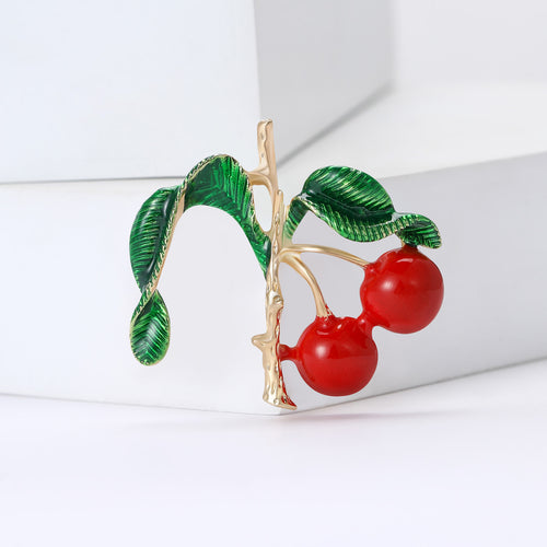 Red Cherry and Green Leaf Enamel Brooch styled product view