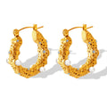 Textured C-Hoop Earrings Faux Pearl Zircon Gold Steel view 5