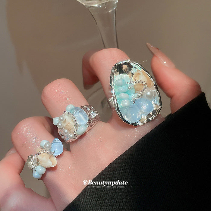 Silver Open Shell Bead Resin Frame Blue White Rings