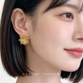 Gold Textured Wheat Leaf Radial Starburst Stud Earrings view 2
