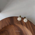 Gold Tone White Daisy Drop Stud Earrings With Green Flower Tops view 3