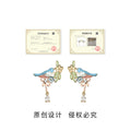 Gold Tone Blue Pink Bird Green Leaf And Clear Drop Stud Earrings view 3