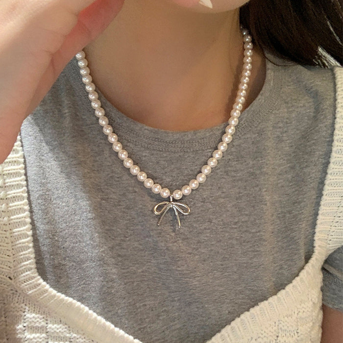 White Pearl Bead Necklace Silver Bow Pendant Charm