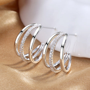 Triple Row C Hoop Earrings Gold Rose Silver Three Tones
