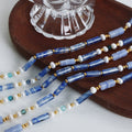 Blue Chalcedony Tube Bead Pearl Gold Station Necklace view 3