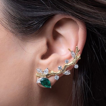 Gold Tone Green Stone Leaf Branch Ear Climbers Jewelry