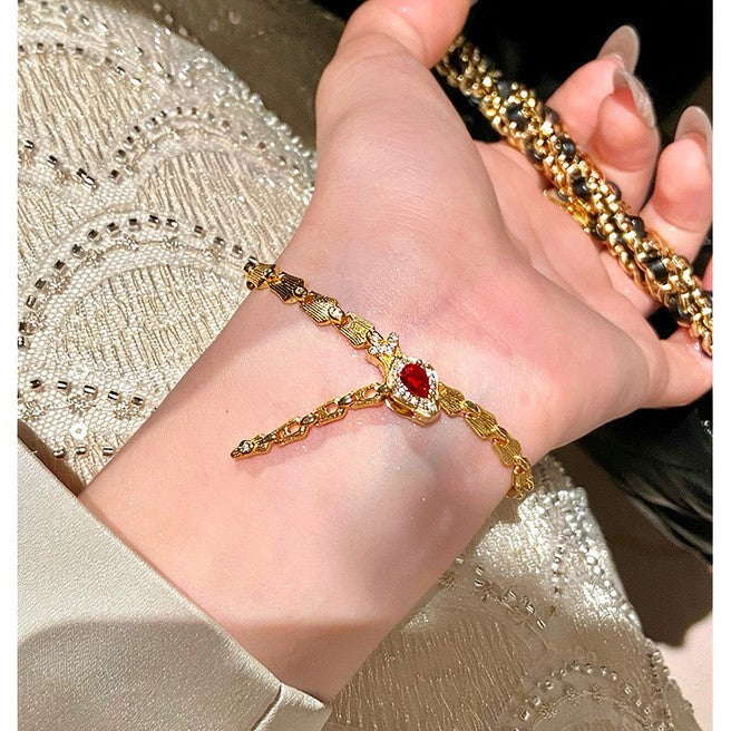 Gold Tone Red Crystal Chain Bracelet Statement Jewelry Design