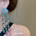 Blue Crystal Chandelier Earrings with Diamond Tops view 3